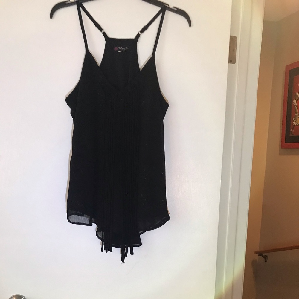 Volume One Black Fringed Women’s Top With Spaghetti Straps and Sequin Bling
